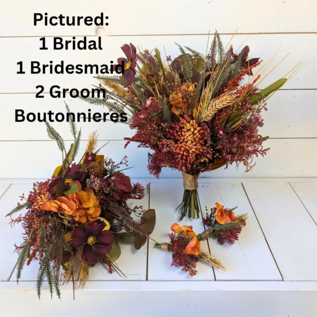 Artificial Fall Wedding Bouquets, Bridal Bouquet with Dark Burgundy Silk Flower Cosmos and Wheat, Moody Wedding Bouquet for Bride and Bridesmaids, Natural Boutonniere, Dark Moody Wedding Flowers