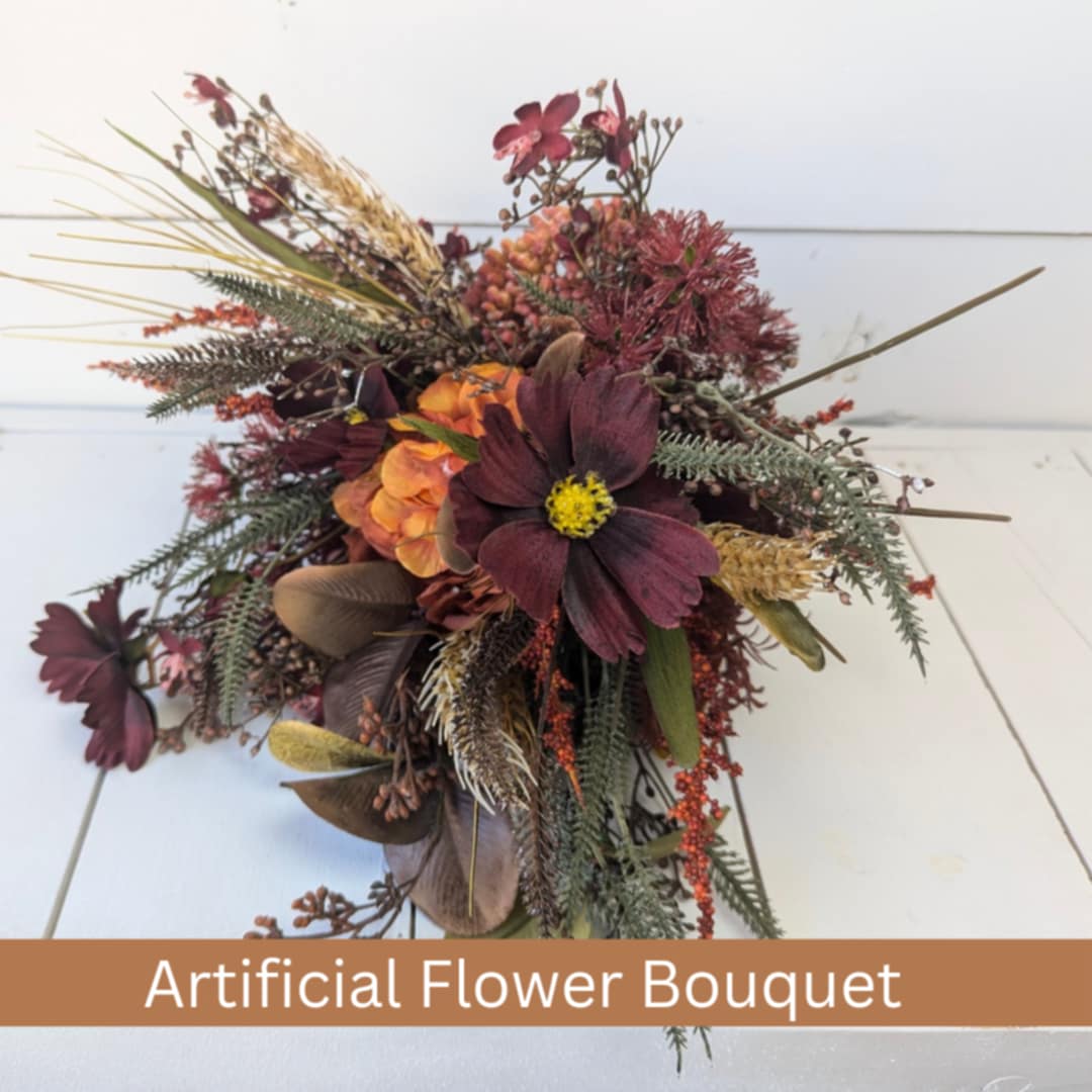 Artificial Fall Wedding Bouquets, Bridal Bouquet with Dark Burgundy Silk Flower Cosmos and Wheat, Moody Wedding Bouquet for Bride and Bridesmaids, Natural Boutonniere, Dark Moody Wedding Flowers