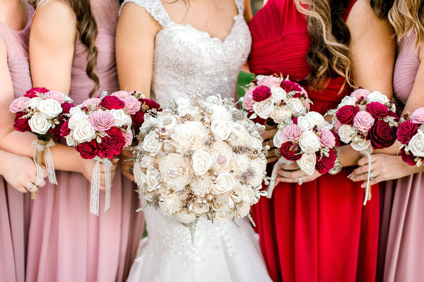 Wood Flower Bridesmaid Bouquet, Artificial Wedding Bouquet, Wooden Bridal Bouquet with Sola Wood Flowers