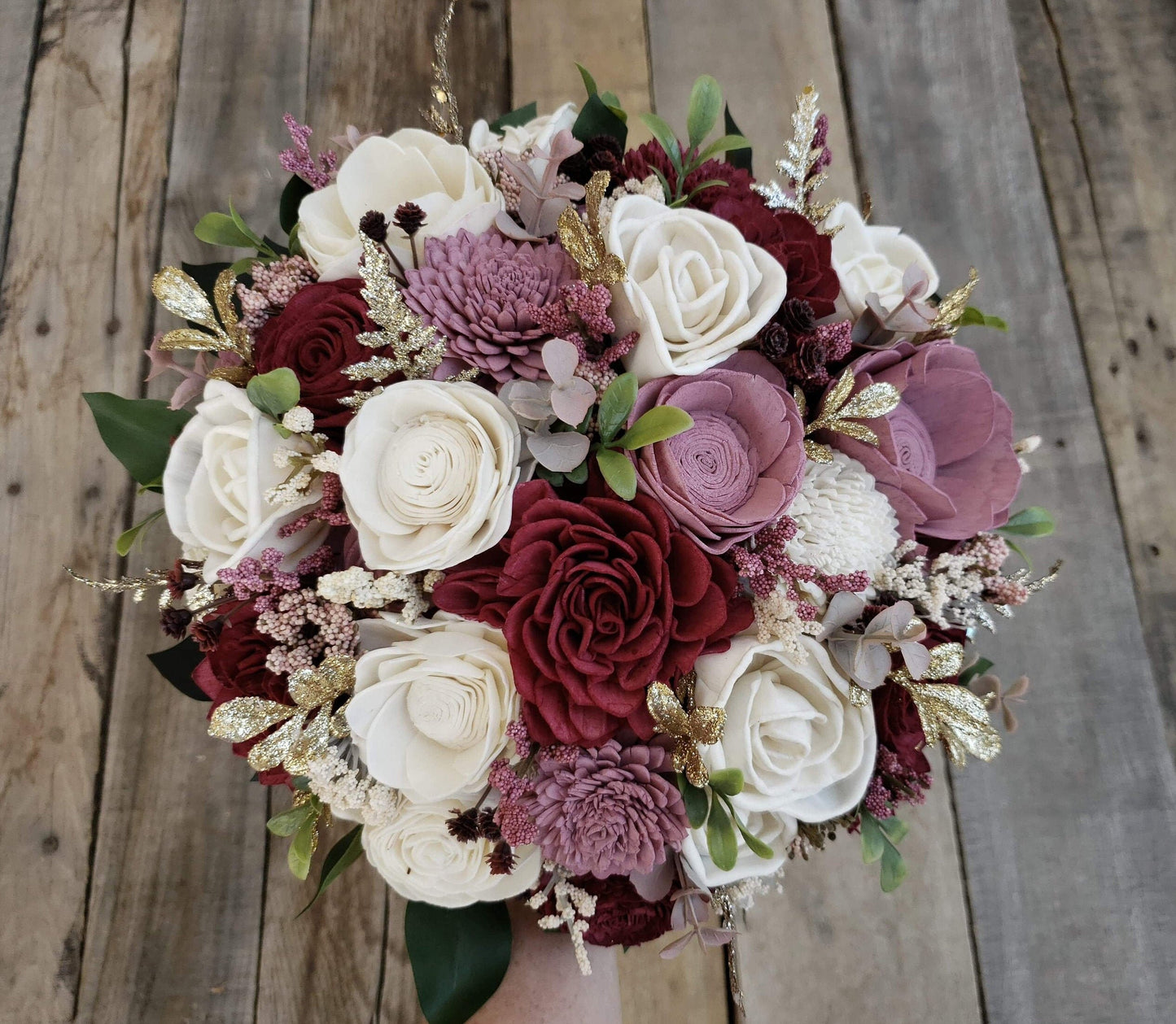Wood Flower Bouquet with Gold Accent, Quinceanera Bouquet, Bridal Bouquet, Wedding Flowers, Sweet 15 Bouquet