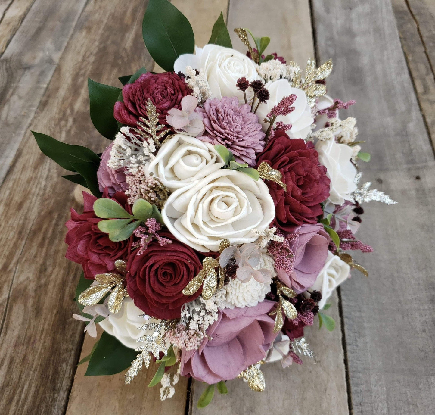 Wood Flower Bouquet with Gold Accent, Quinceanera Bouquet, Bridal Bouquet, Wedding Flowers, Sweet 15 Bouquet