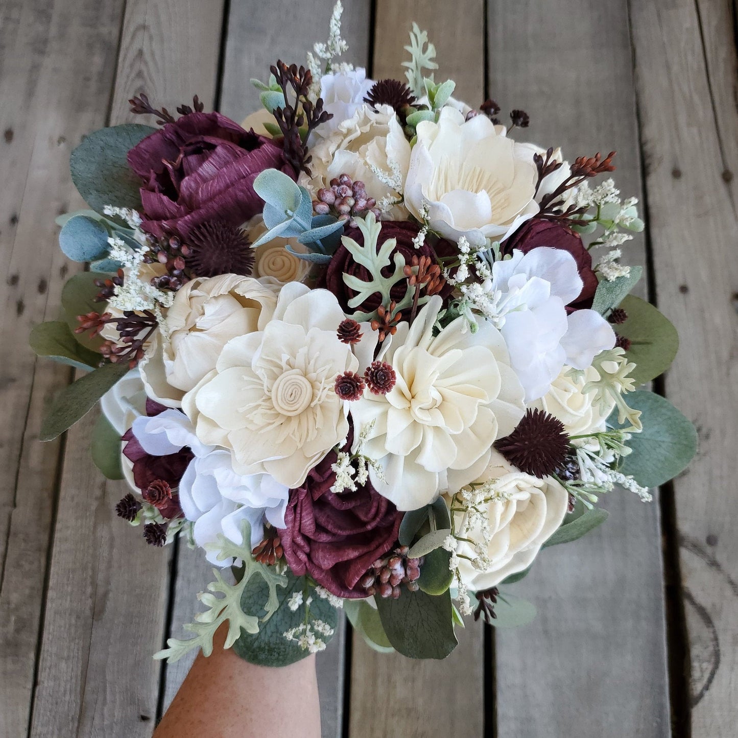 Sola Wood Flower Bouquet with David's Bridal Wine Flowers, Fall Wedding Bridal Flowers, Wooden Bride Bouquet, Bridesmaid Bouquet