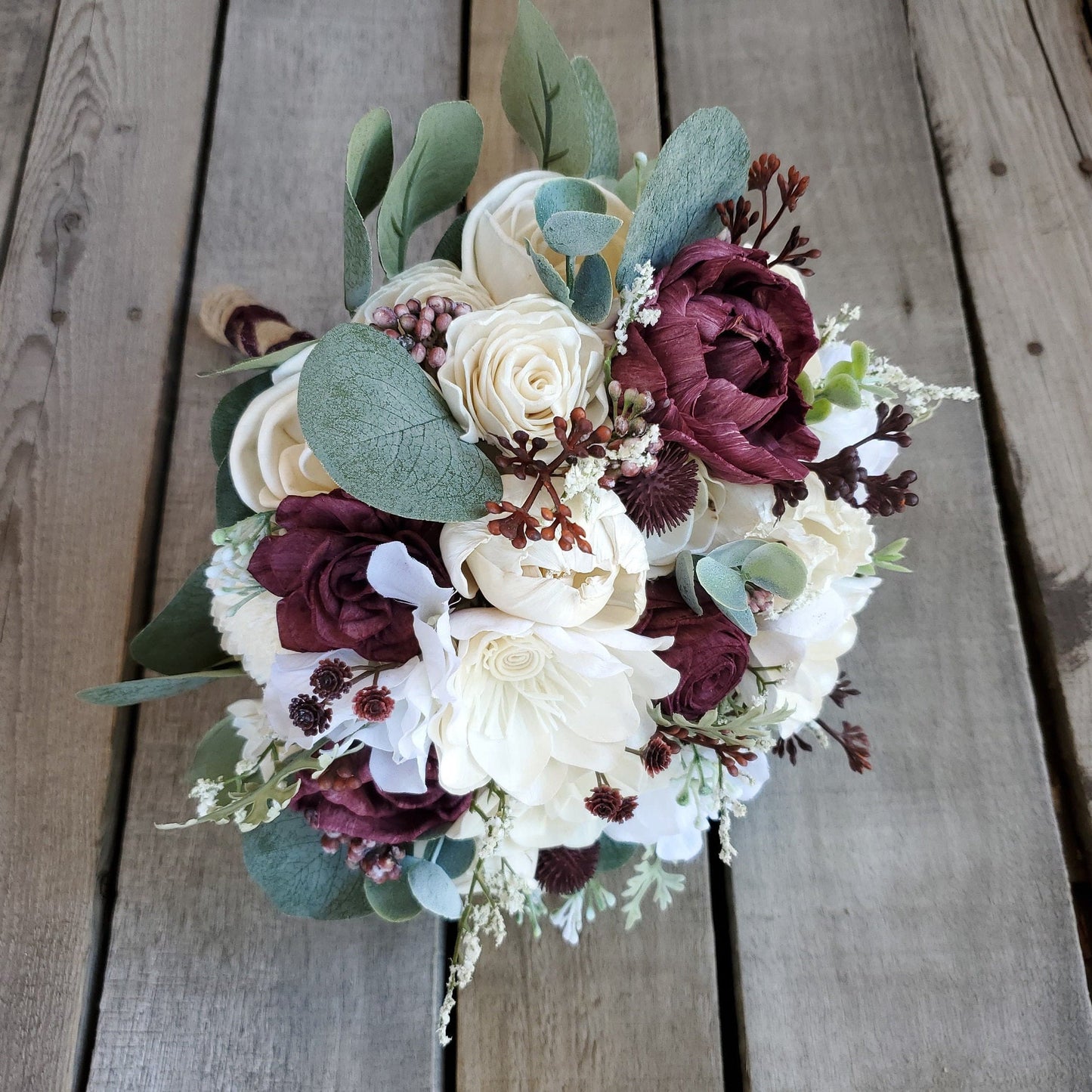 Sola Wood Flower Bouquet with David's Bridal Wine Flowers, Fall Wedding Bridal Flowers, Wooden Bride Bouquet, Bridesmaid Bouquet
