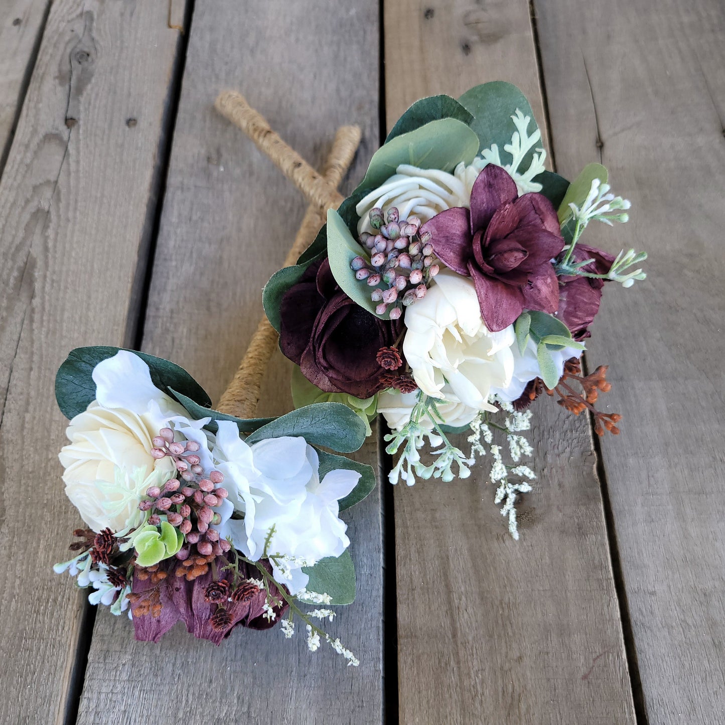 Sola Wood Flower Bouquet with David's Bridal Wine Flowers, Fall Wedding Bridal Flowers, Wooden Bride Bouquet, Bridesmaid Bouquet