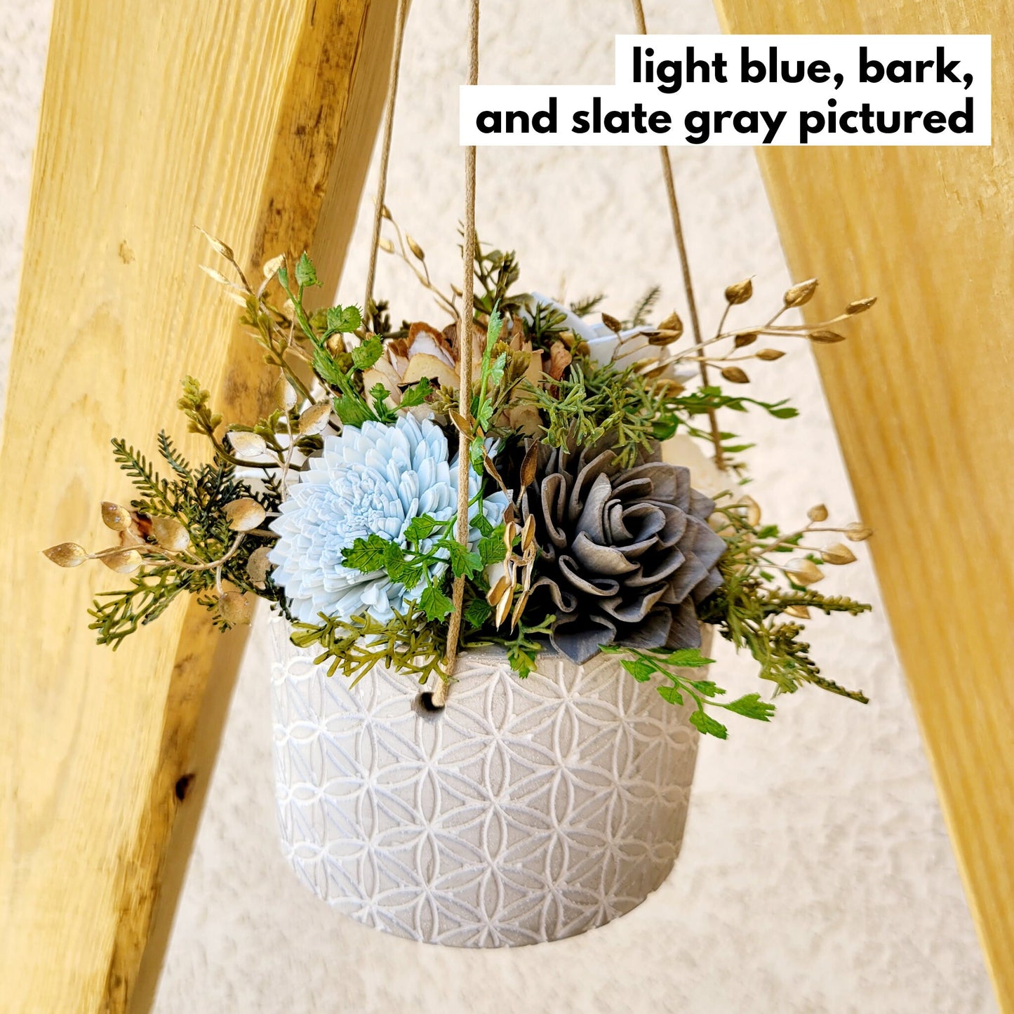 Wood Flower Hanging Planter, Wooden Flowers Housewarming Gift, Cement Planter with Fake Flowers, Wood Flowers Succulent planter