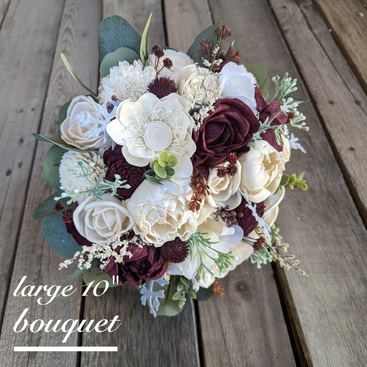 Sola Wood Flower Bouquet with David's Bridal Wine Flowers, Fall Wedding Bridal Flowers, Wooden Bride Bouquet, Bridesmaid Bouquet