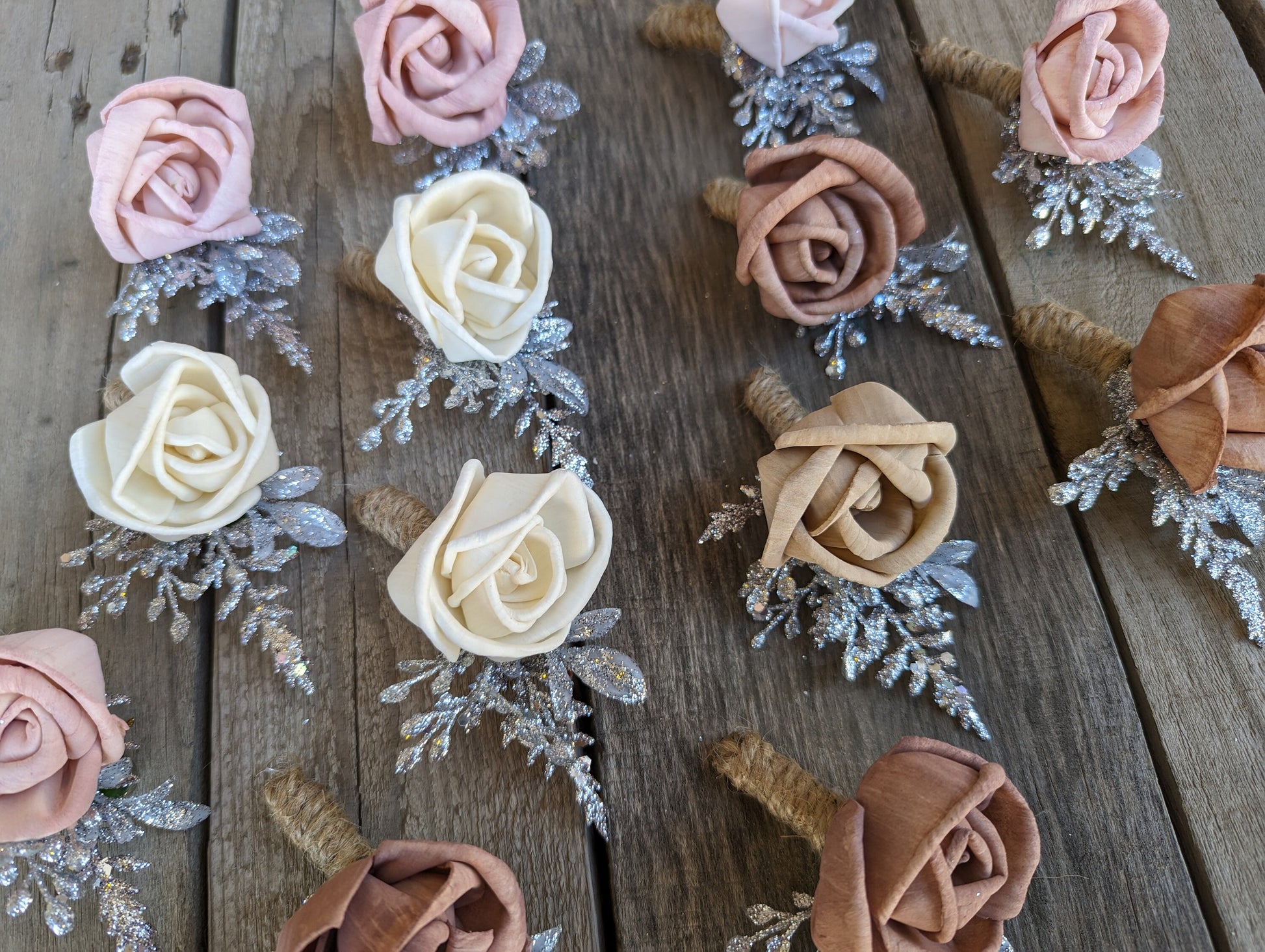 Wood Rose Boutonniere, Silver Groomsmen Boutonniere, Wedding Boutonniere, Wooden Flower Lapel Pin