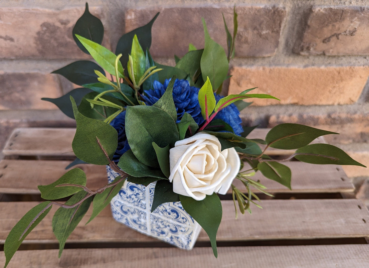 Cement Planter Table Centerpiece with Wood Flowers, Wood Flower Centerpiece Decor, Small Flower Arrangement for Housewarming Gift