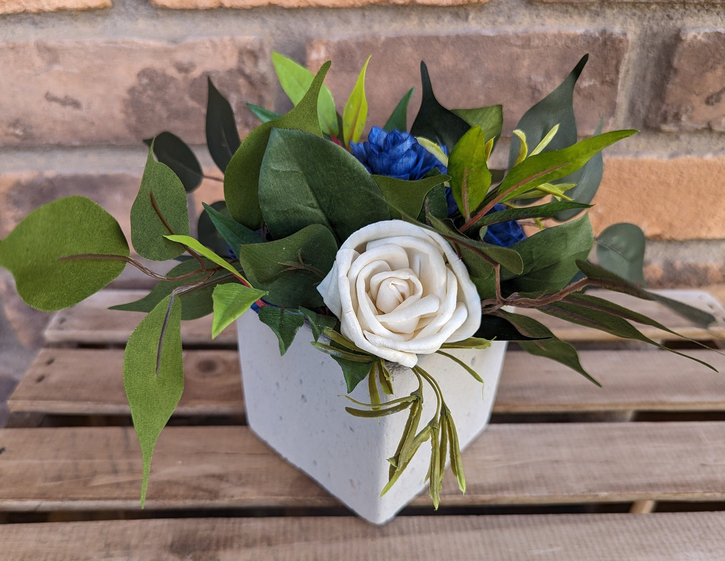 Cement Planter Table Centerpiece with Wood Flowers, Wood Flower Centerpiece Decor, Small Flower Arrangement for Housewarming Gift