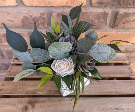 Charcoal Gray Cement Planter Table Centerpiece with Wood Flowers, Wood Flower Centerpiece Decor, Small Flower Arrangement Housewarming Gift