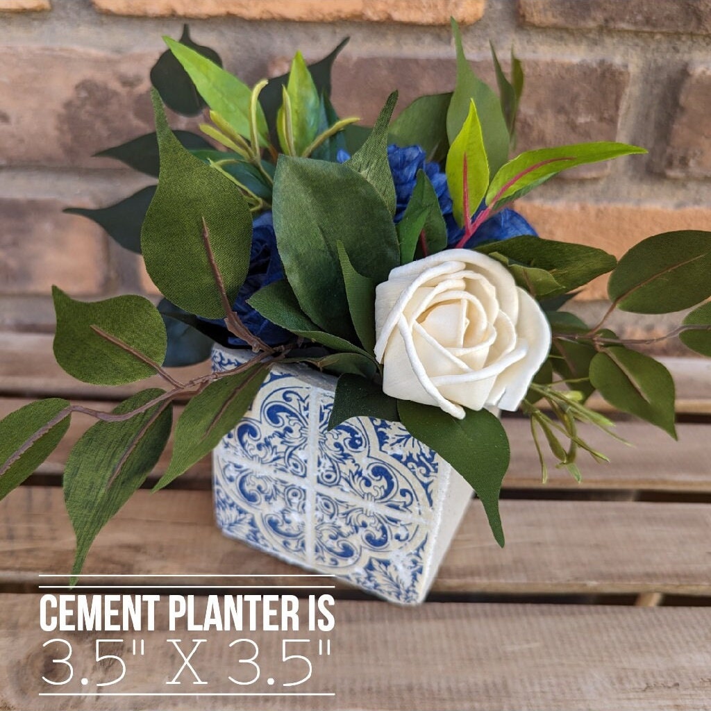 Cement Planter Table Centerpiece with Wood Flowers, Wood Flower Centerpiece Decor, Small Flower Arrangement for Housewarming Gift