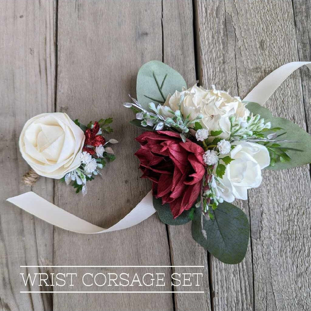 Artificial Corsage and Boutonniere Set, Wood Flower Wrist Corsage for Prom, Wooden Flower Corsage for Wedding, Wedding Boutonniere