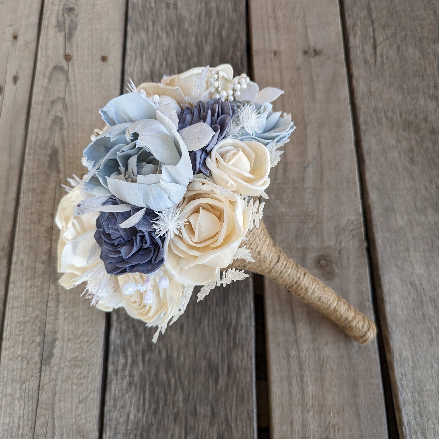 Dusty Blue Wood Flower Bouquet, Winter Wedding Bouquet, Slate Blue Artificial Bridal Bouquet