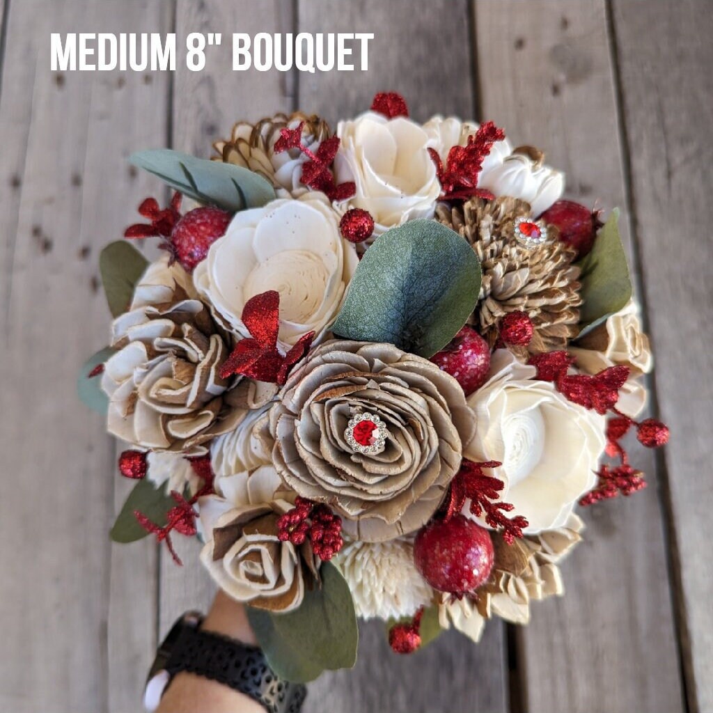 Artificial Wood Flower Bouquet, Red Brooch Wooden Flower Bridal Bouquet, Artificial Wedding Bouquet, Bridesmaid and Flower Girl Bouquets