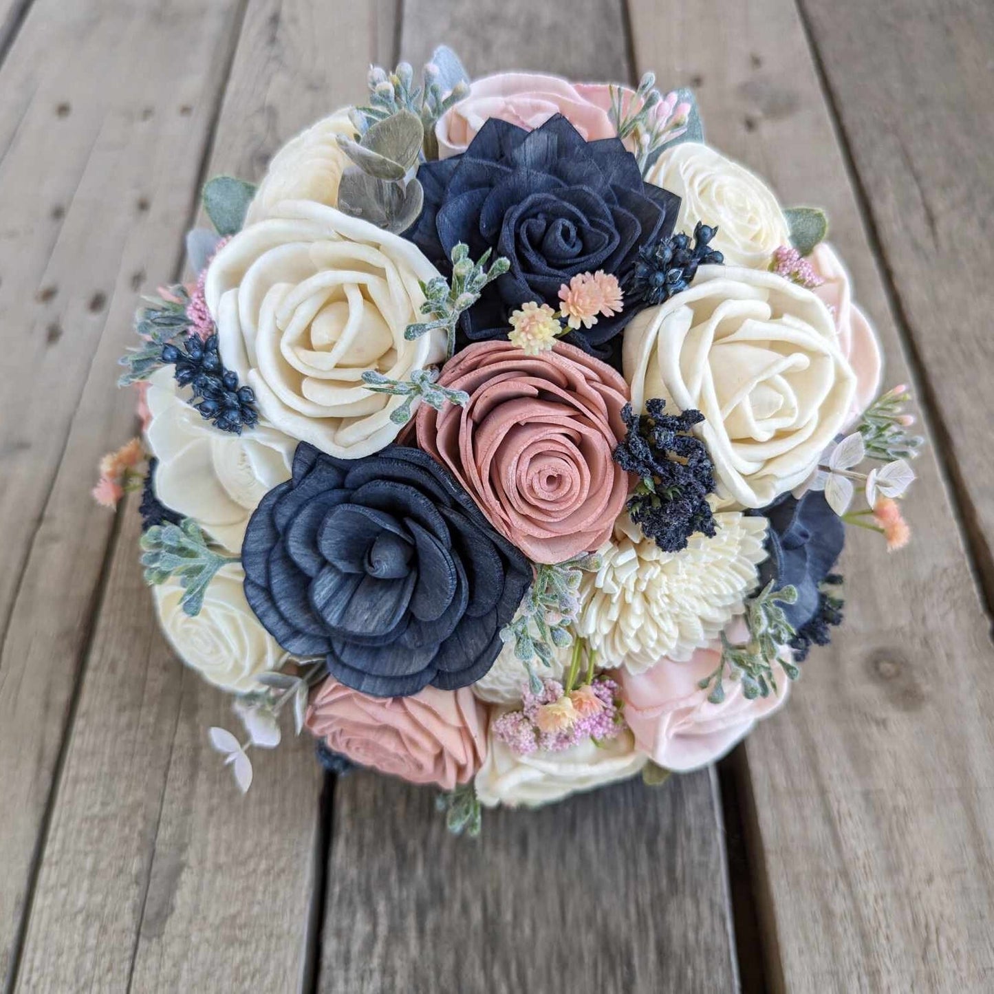 Navy Blue and Blush Pink Artificial Wedding Bouquet with Sola Wood Flowers, Wooden Flowers Bridal Bouquet, Blush Bridesmaid Bouquet