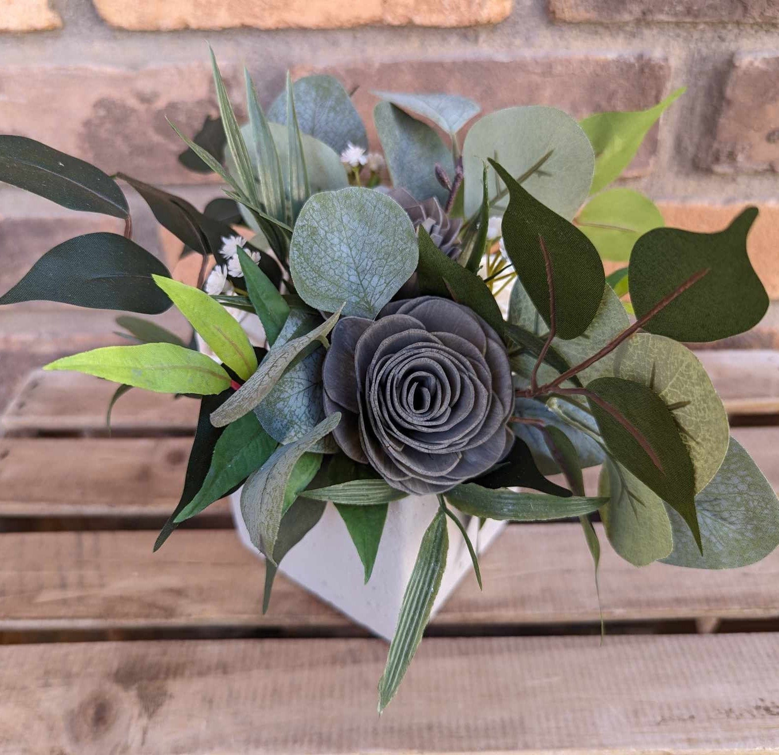 Charcoal Gray Cement Planter Table Centerpiece with Wood Flowers, Wood Flower Centerpiece Decor, Small Flower Arrangement Housewarming Gift