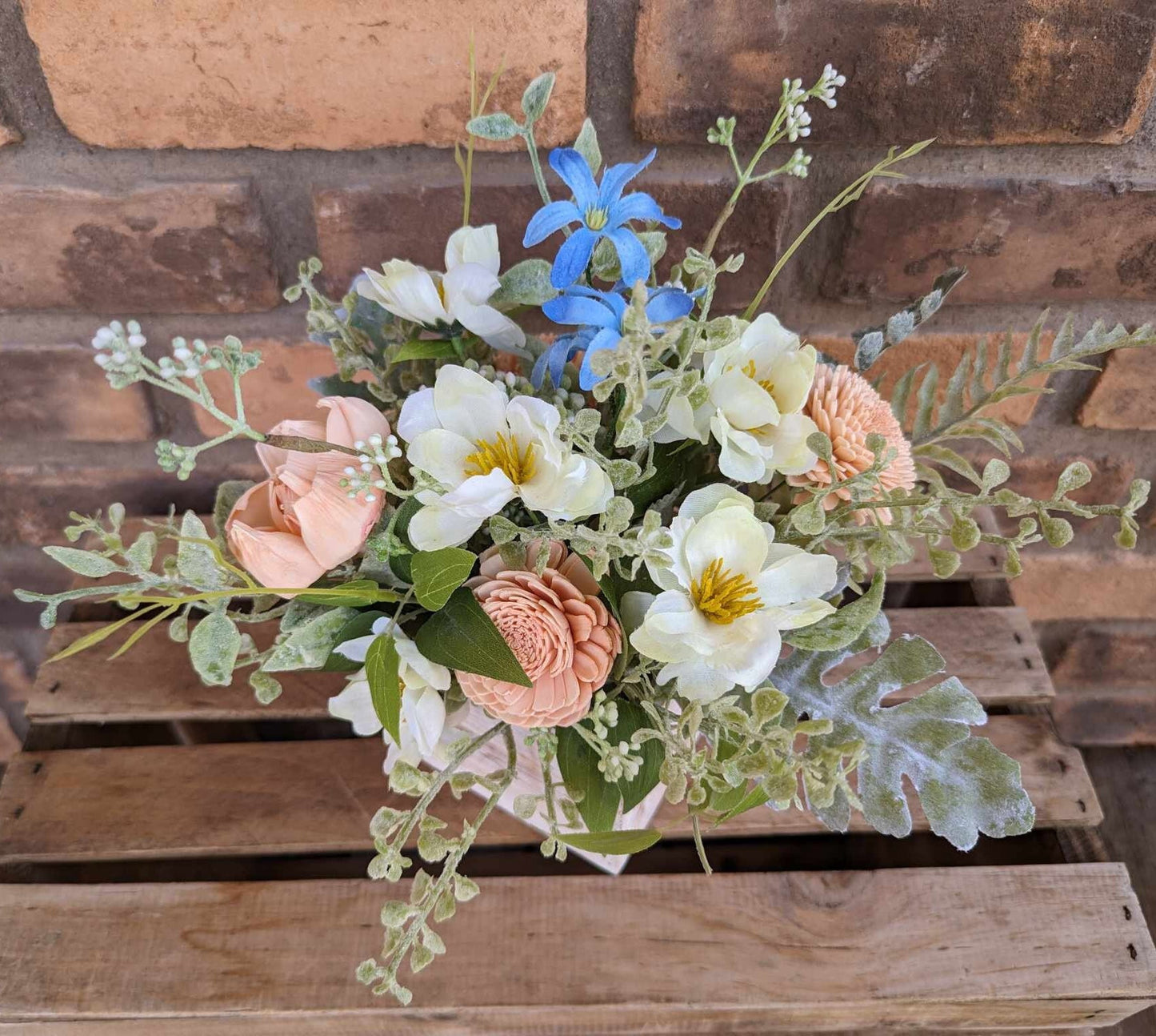 Small Wood Flower Table Centerpiece, Faux Flower Centerpiece, Floral Centerpiece for Sympathy Gift, Wooden & Silk Flowers Floral Arrangement