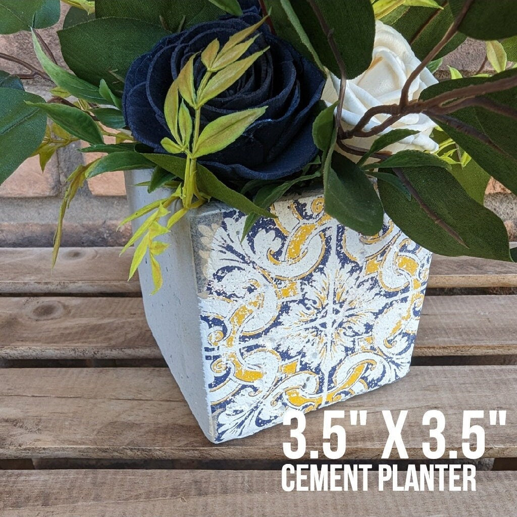 Navy Blue Cement Planter Table Centerpiece with Wood Flowers, Wood Flower Centerpiece Decor, Thank You or Get Well Soon Gift