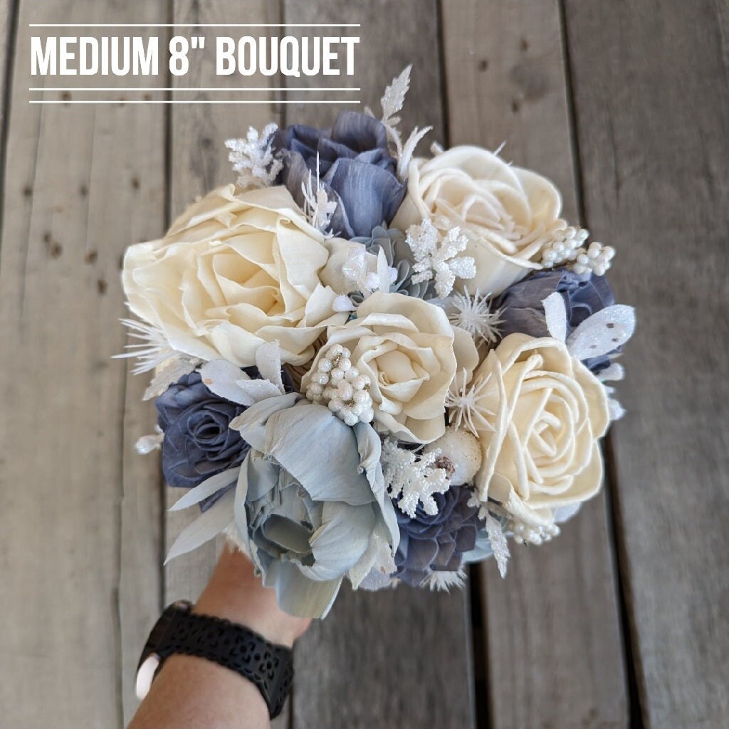 Dusty Blue Wood Flower Bouquet, Winter Wedding Bouquet, Slate Blue Artificial Bridal Bouquet