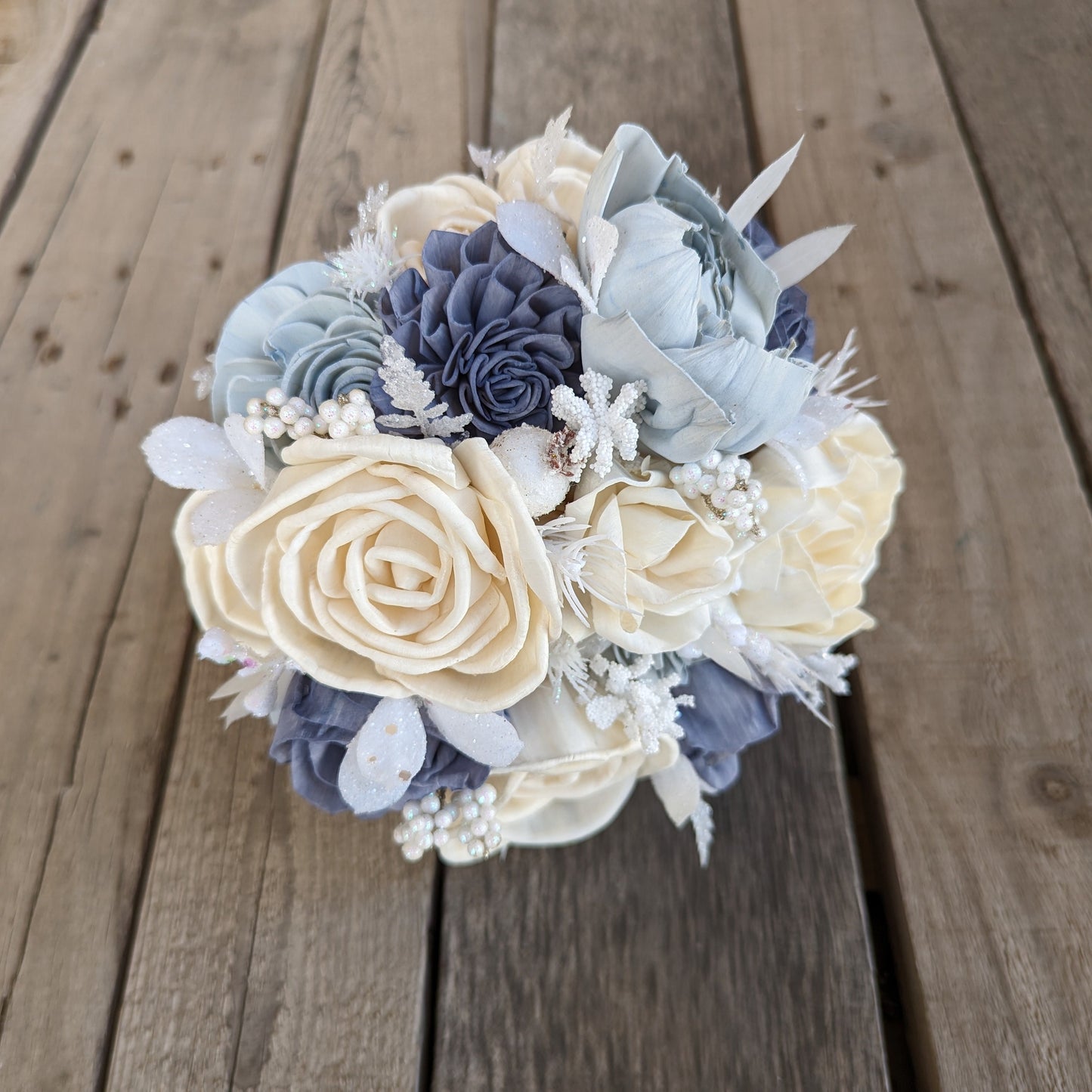 Dusty Blue Wood Flower Bouquet, Winter Wedding Bouquet, Slate Blue Artificial Bridal Bouquet