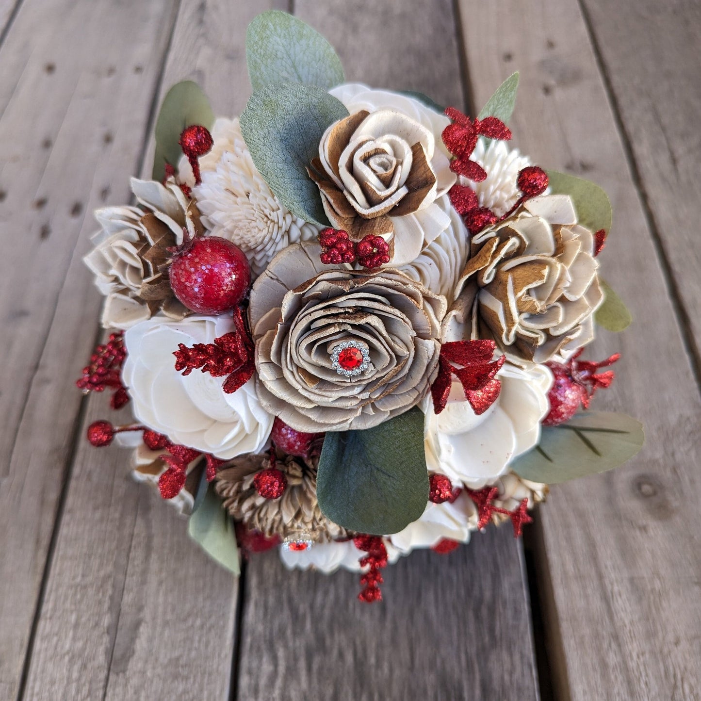 Pre-made Artificial Wood Flower Bouquet, Red Brooch Wooden Flower Bridal Bouquet, Artificial Wedding Bouquet, Bridesmaid Bouquets