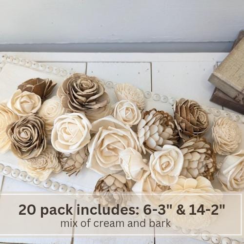 Sola Wood Flowers for Crafting in Natural Cream & Bark, DIY Wooden Flowers for Wedding Cake, Bouquets, Corsage, and Boutonnieres, Craft Kit