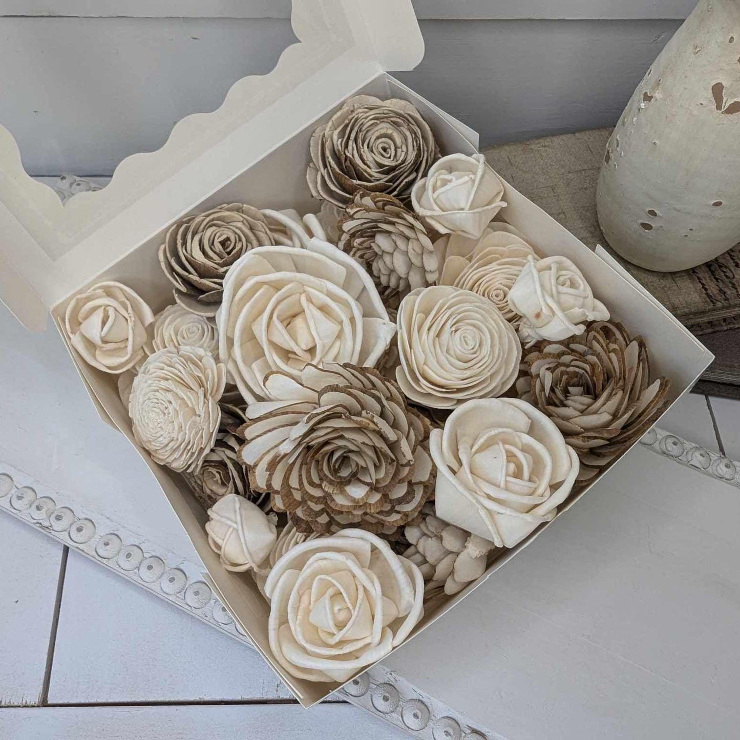 Sola Wood Flowers for Crafting in Natural Cream & Bark, DIY Wooden Flowers for Wedding Cake, Bouquets, Corsage, and Boutonnieres, Craft Kit
