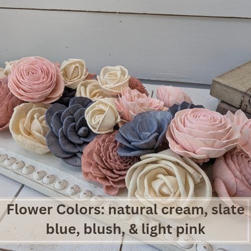 Sola Wood Flowers for Crafting in Slate Blue, Blush, Light Pink and Cream, DIY Wooden Flowers for Wedding Cake, Bouquets, Corsages, Bridal
