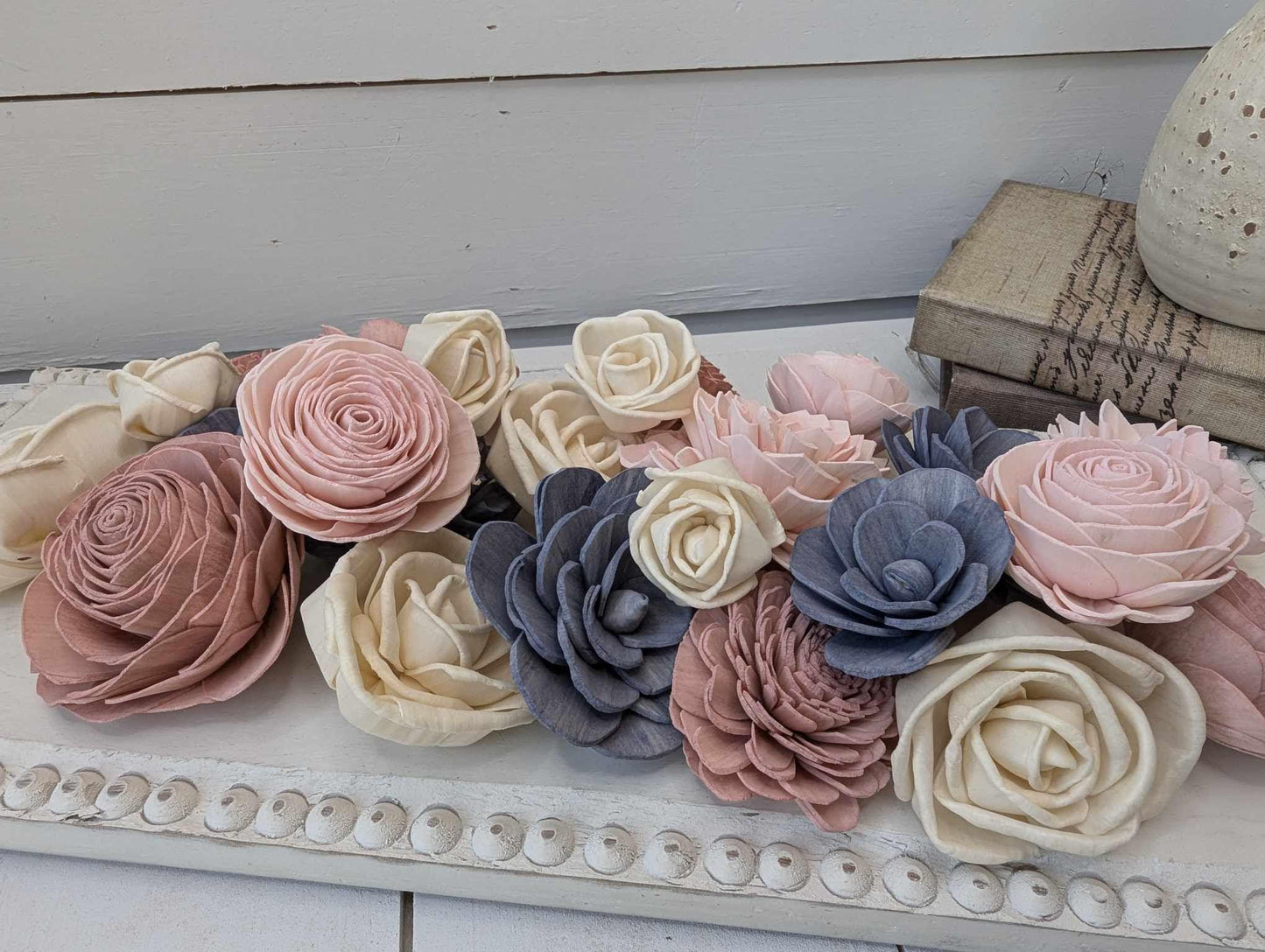 Sola Wood Flowers for Crafting in Slate Blue, Blush, Light Pink and Cream, DIY Wooden Flowers for Wedding Cake, Bouquets, Corsages, Bridal