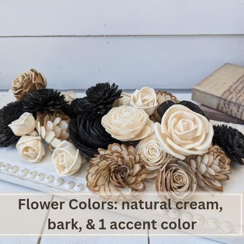 Sola Wood Flowers for Crafting in Natural Cream, Bark, & Accent color, DIY Wooden Flowers for Wedding Cake, Bouquets, Corsage, Boutonnieres