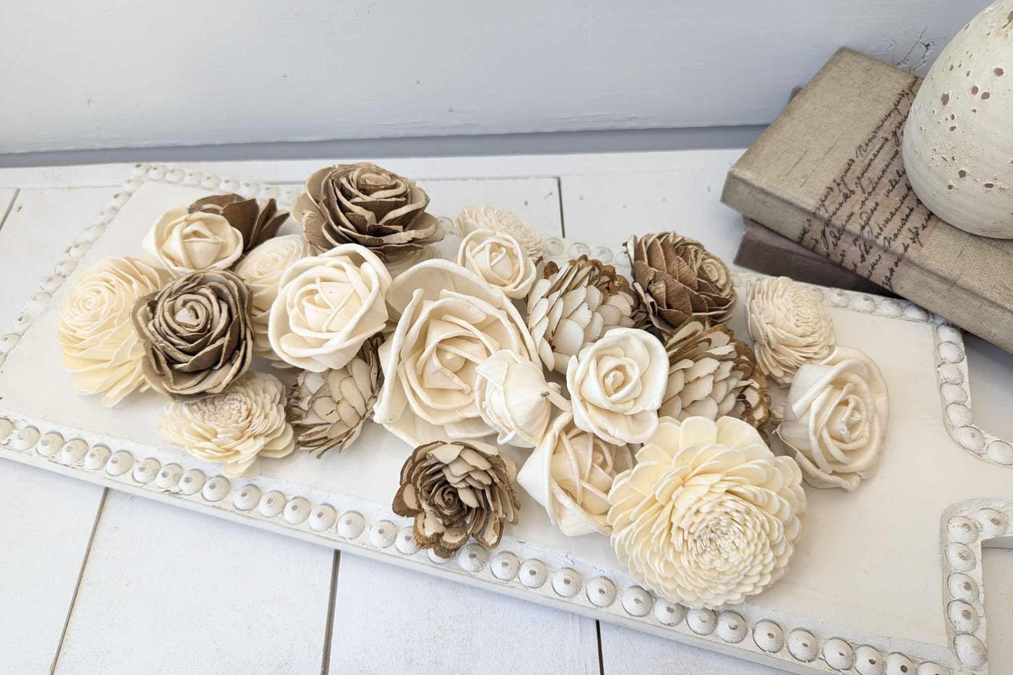 Sola Wood Flowers for Crafting in Natural Cream & Bark, DIY Wooden Flowers for Wedding Cake, Bouquets, Corsage, and Boutonnieres, Craft Kit