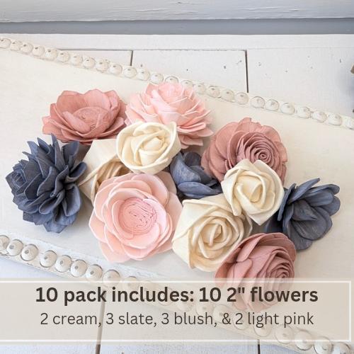 Sola Wood Flowers for Crafting in Slate Blue, Blush, Light Pink and Cream, DIY Wooden Flowers for Wedding Cake, Bouquets, Corsages, Bridal