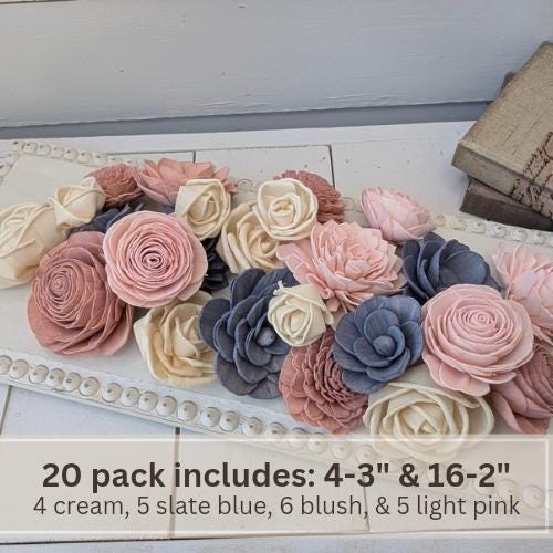 Sola Wood Flowers for Crafting in Slate Blue, Blush, Light Pink and Cream, DIY Wooden Flowers for Wedding Cake, Bouquets, Corsages, Bridal