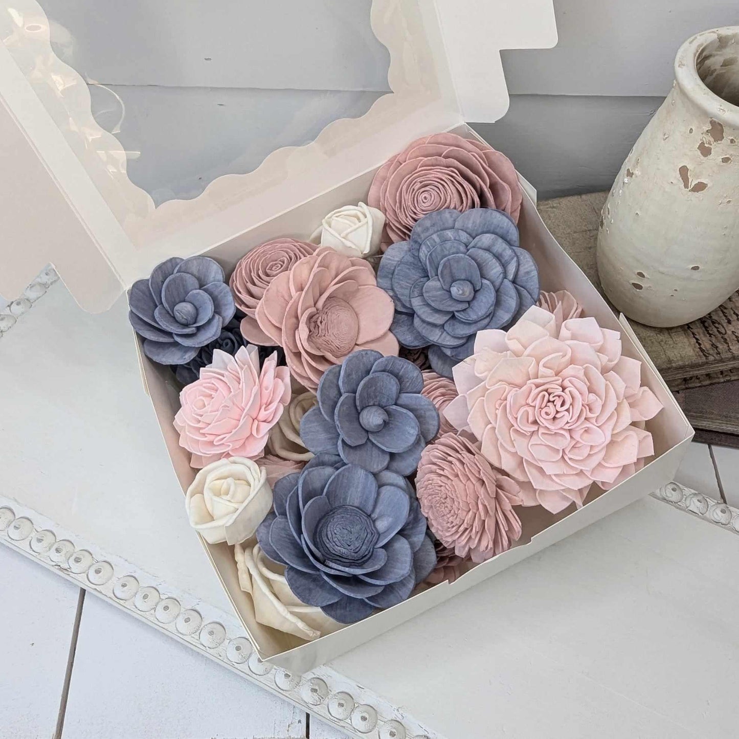 Sola Wood Flowers for Crafting in Slate Blue, Blush, Light Pink and Cream, DIY Wooden Flowers for Wedding Cake, Bouquets, Corsages, Bridal
