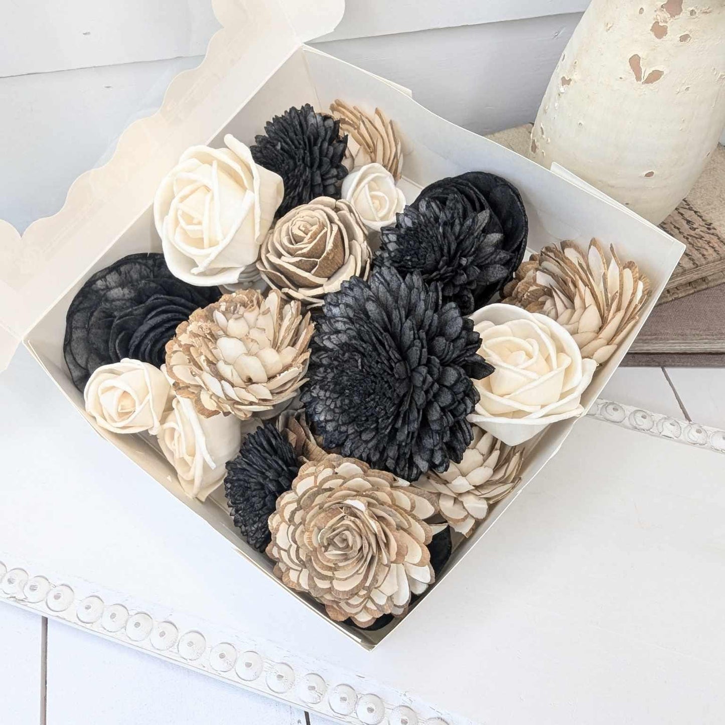 Sola Wood Flowers for Crafting in Natural Cream, Bark, & Accent color, DIY Wooden Flowers for Wedding Cake, Bouquets, Corsage, Boutonnieres
