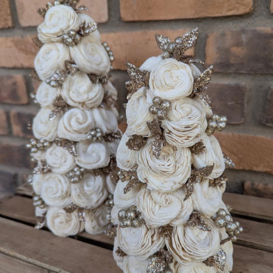 Champagne Gold Christmas Tree Decor with Wood Flowers, Holiday Christmas Decor, Winter Centerpiece, Christmas Table Centerpiece, Shelf Decor