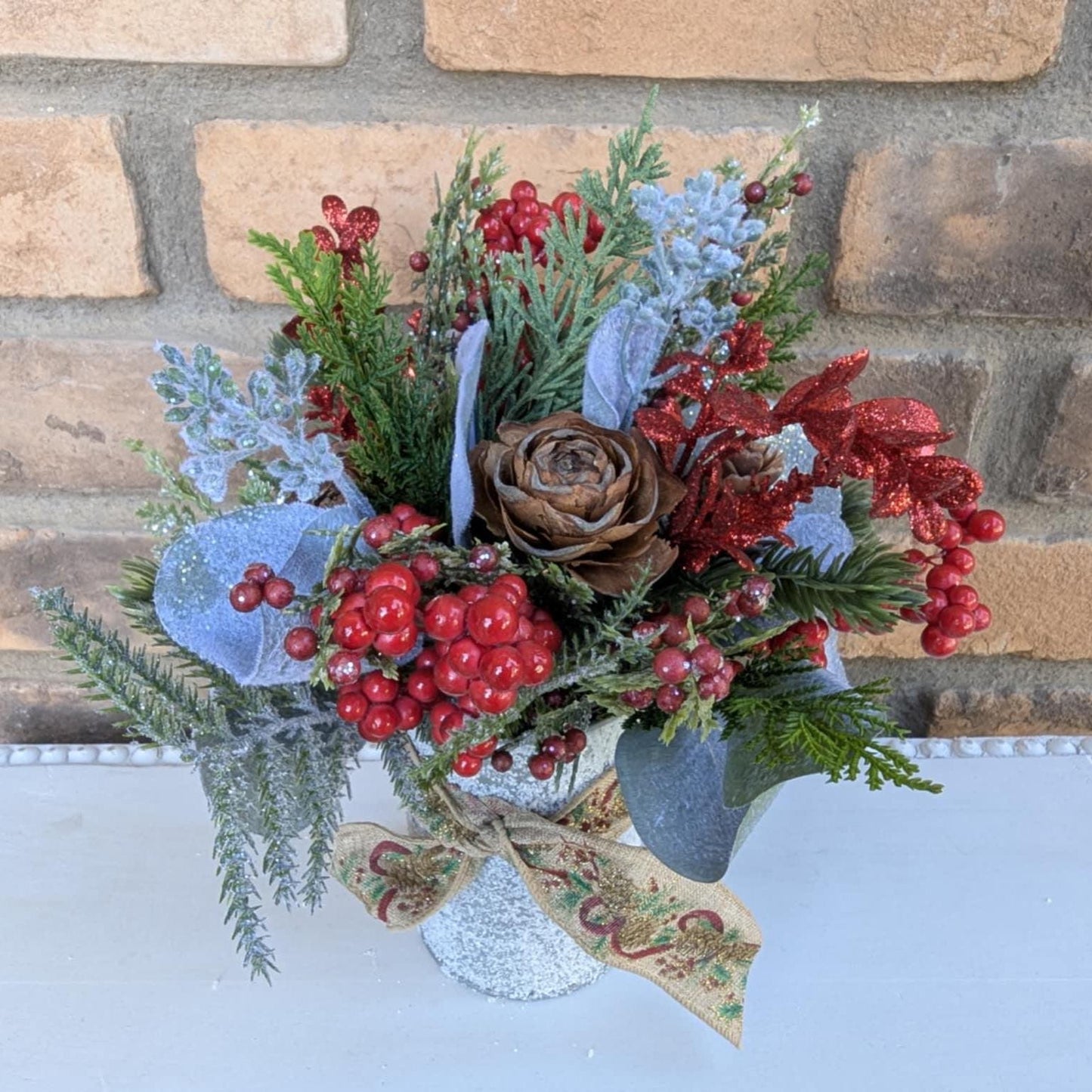 Holiday Pine Cone Flower Mason Jar Arrangement, Christmas Centerpiece, Holiday Hostess Gift, Festive Flower Table Centerpiece