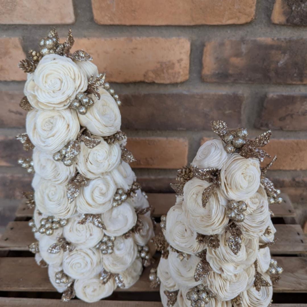 Champagne Gold Christmas Tree Decor with Wood Flowers, Holiday Christmas Decor, Winter Centerpiece, Christmas Table Centerpiece, Shelf Decor