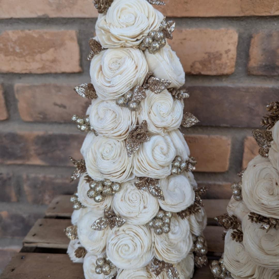 Champagne Gold Christmas Tree Decor with Wood Flowers, Holiday Christmas Decor, Winter Centerpiece, Christmas Table Centerpiece, Shelf Decor