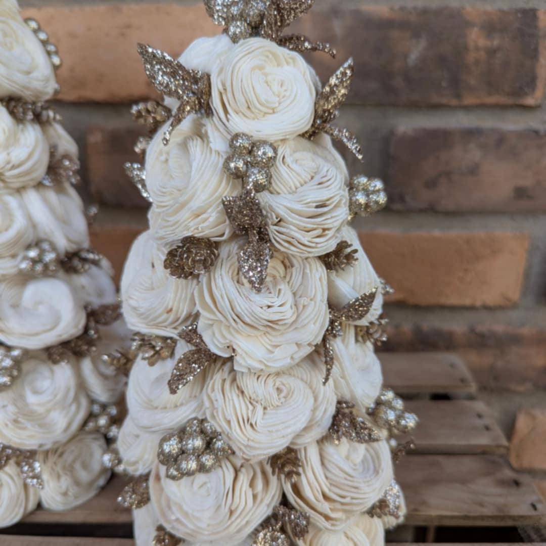 Champagne Gold Christmas Tree Decor with Wood Flowers, Holiday Christmas Decor, Winter Centerpiece, Christmas Table Centerpiece, Shelf Decor
