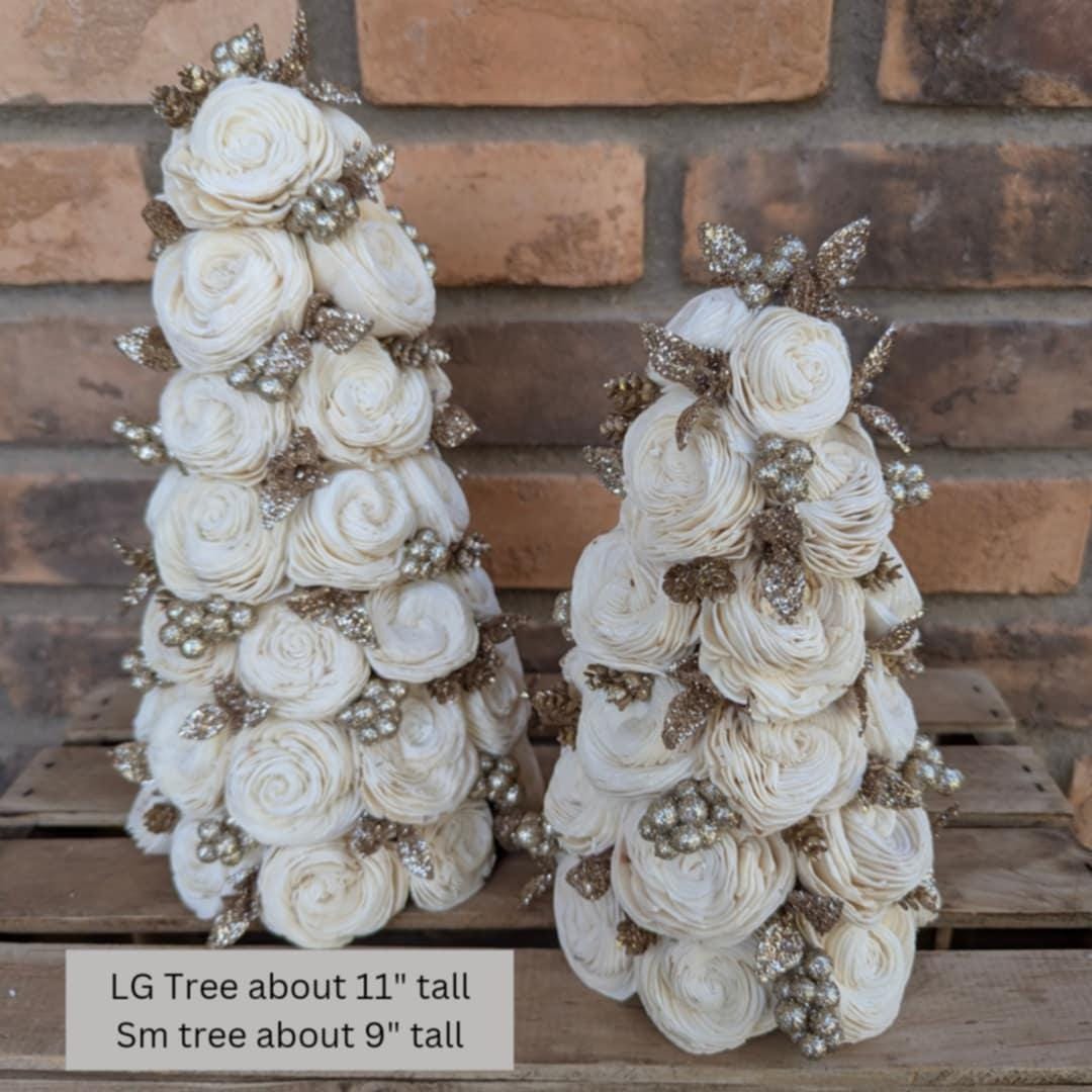 Champagne Gold Christmas Tree Decor with Wood Flowers, Holiday Christmas Decor, Winter Centerpiece, Christmas Table Centerpiece, Shelf Decor