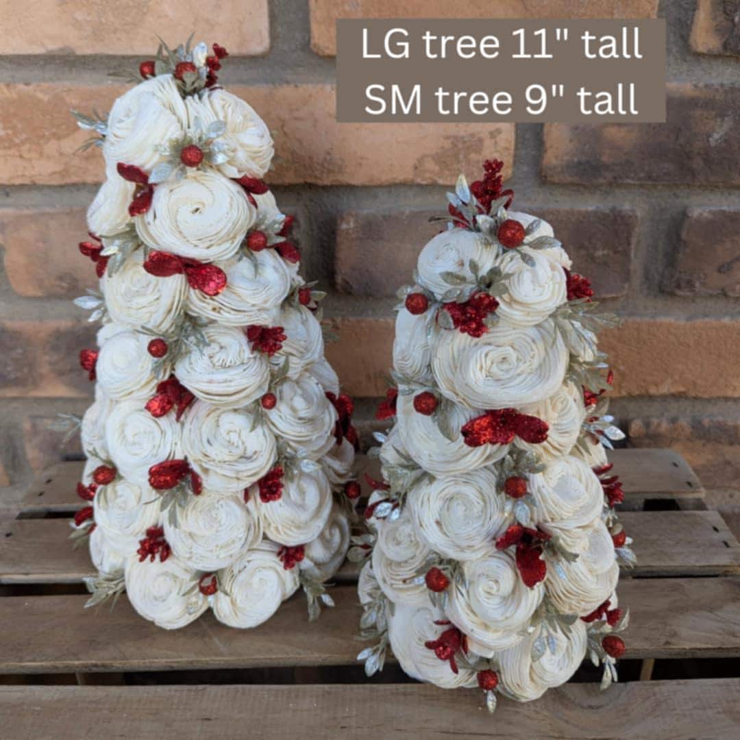 Red Glitter Christmas Tree Decor with Wood Flowers, Holiday Christmas Decor, Winter Centerpiece, Christmas Table Centerpiece, Shelf Decor