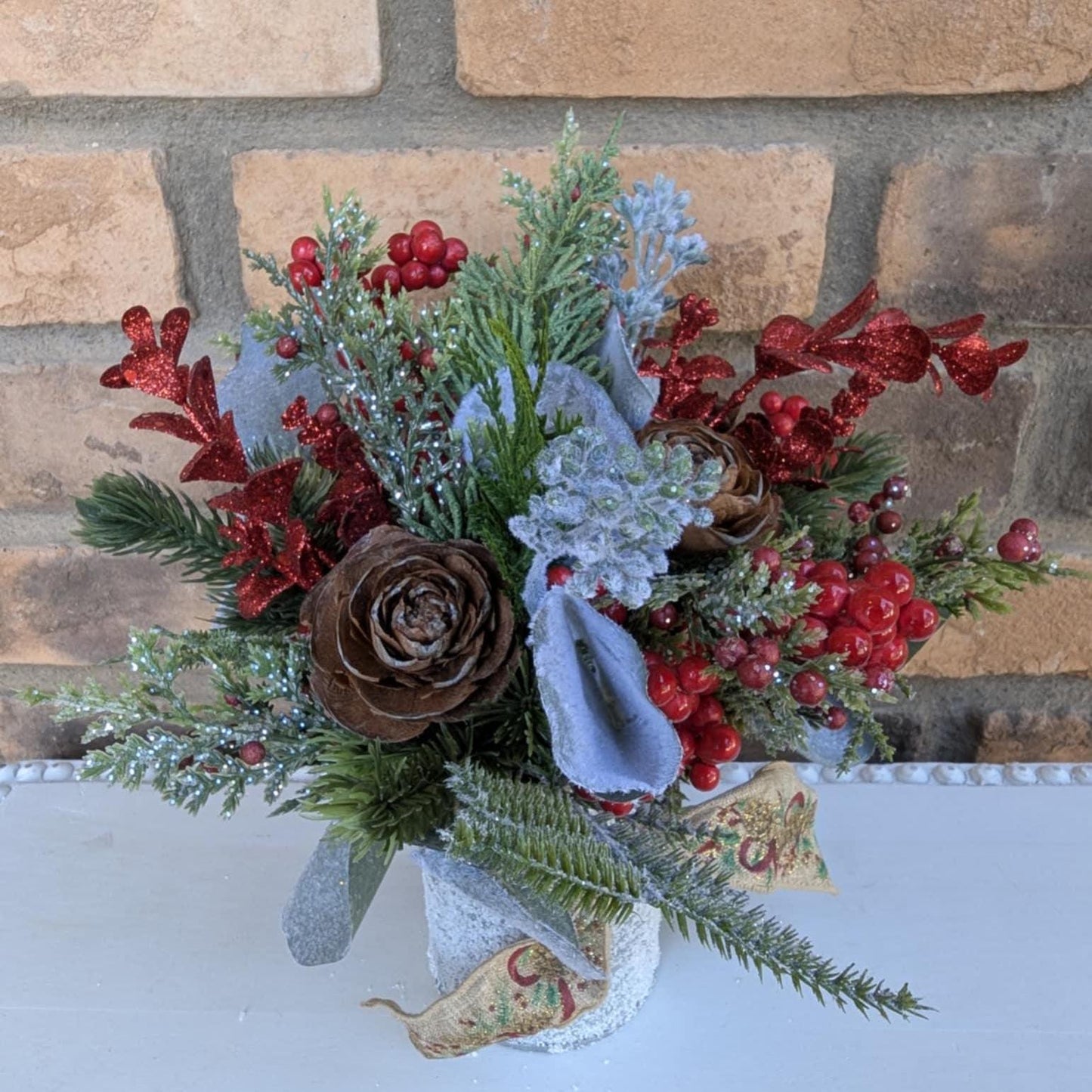 Holiday Pine Cone Flower Mason Jar Arrangement, Christmas Centerpiece, Holiday Hostess Gift, Festive Flower Table Centerpiece