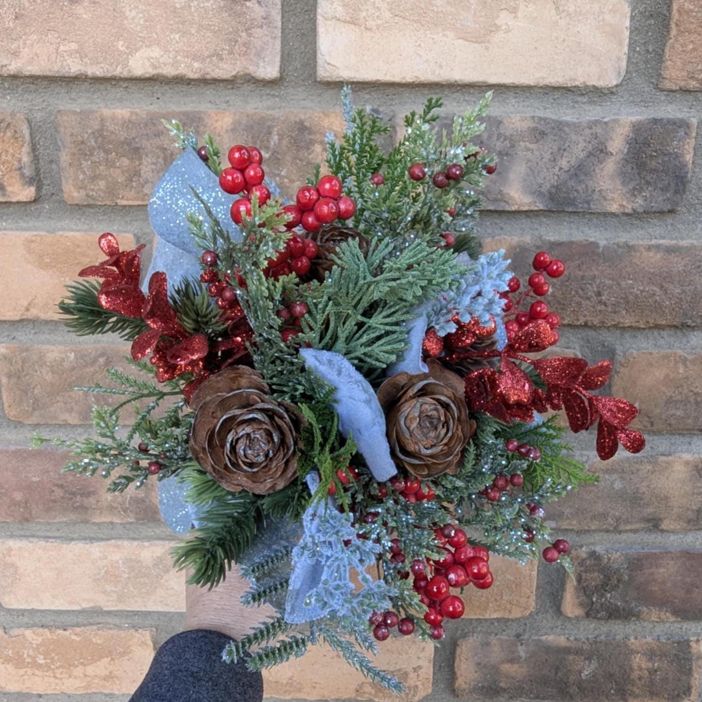 Holiday Pine Cone Flower Mason Jar Arrangement, Christmas Centerpiece, Holiday Hostess Gift, Festive Flower Table Centerpiece