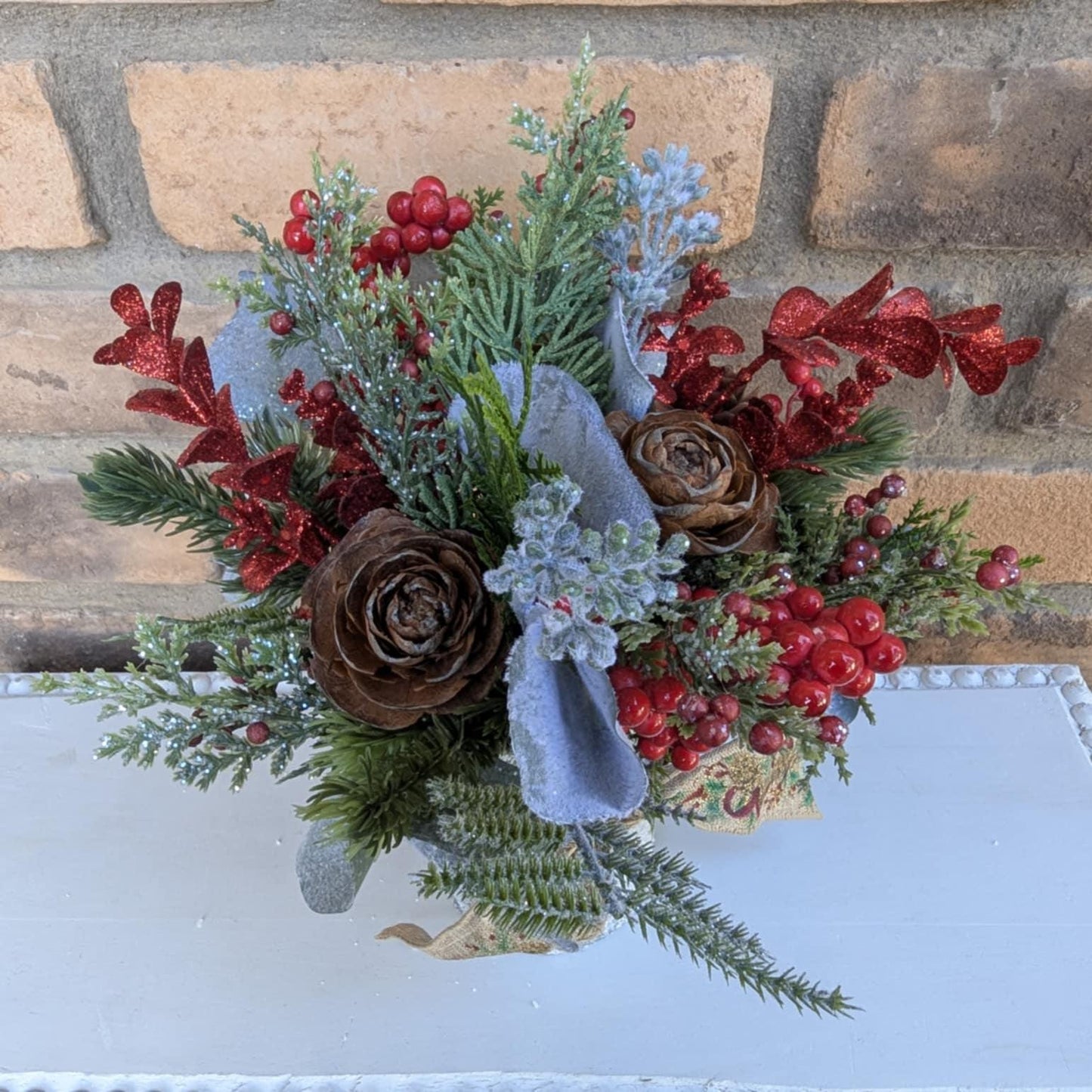 Holiday Pine Cone Flower Mason Jar Arrangement, Christmas Centerpiece, Holiday Hostess Gift, Festive Flower Table Centerpiece