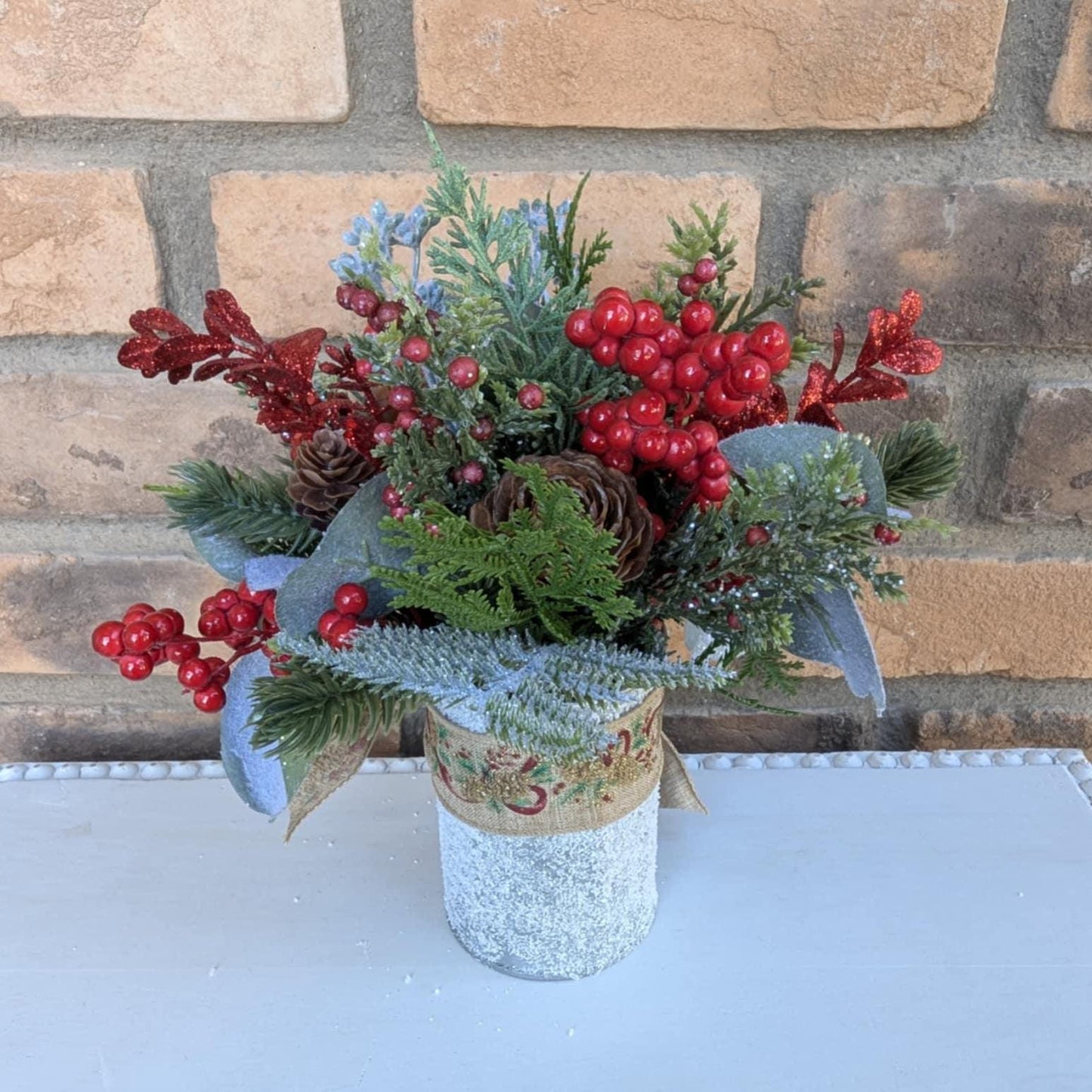 Holiday Pine Cone Flower Mason Jar Arrangement, Christmas Centerpiece, Holiday Hostess Gift, Festive Flower Table Centerpiece
