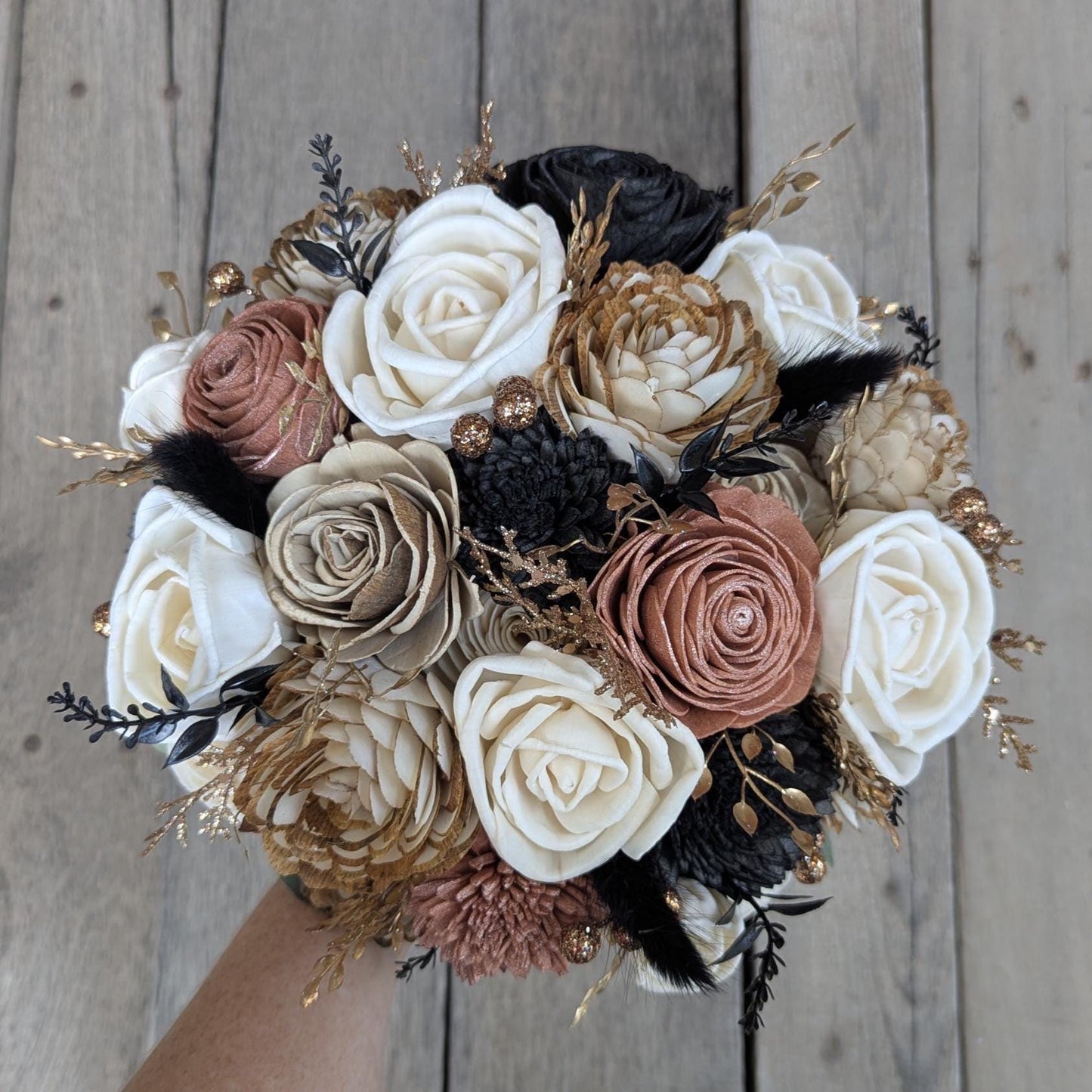 Rose Gold and Black Wedding Bouquet, Wood Flower Bouquet, New Years Wedding Flowers, Glitter Bouquet, Sola Wood Flowers Bridal Bouquet