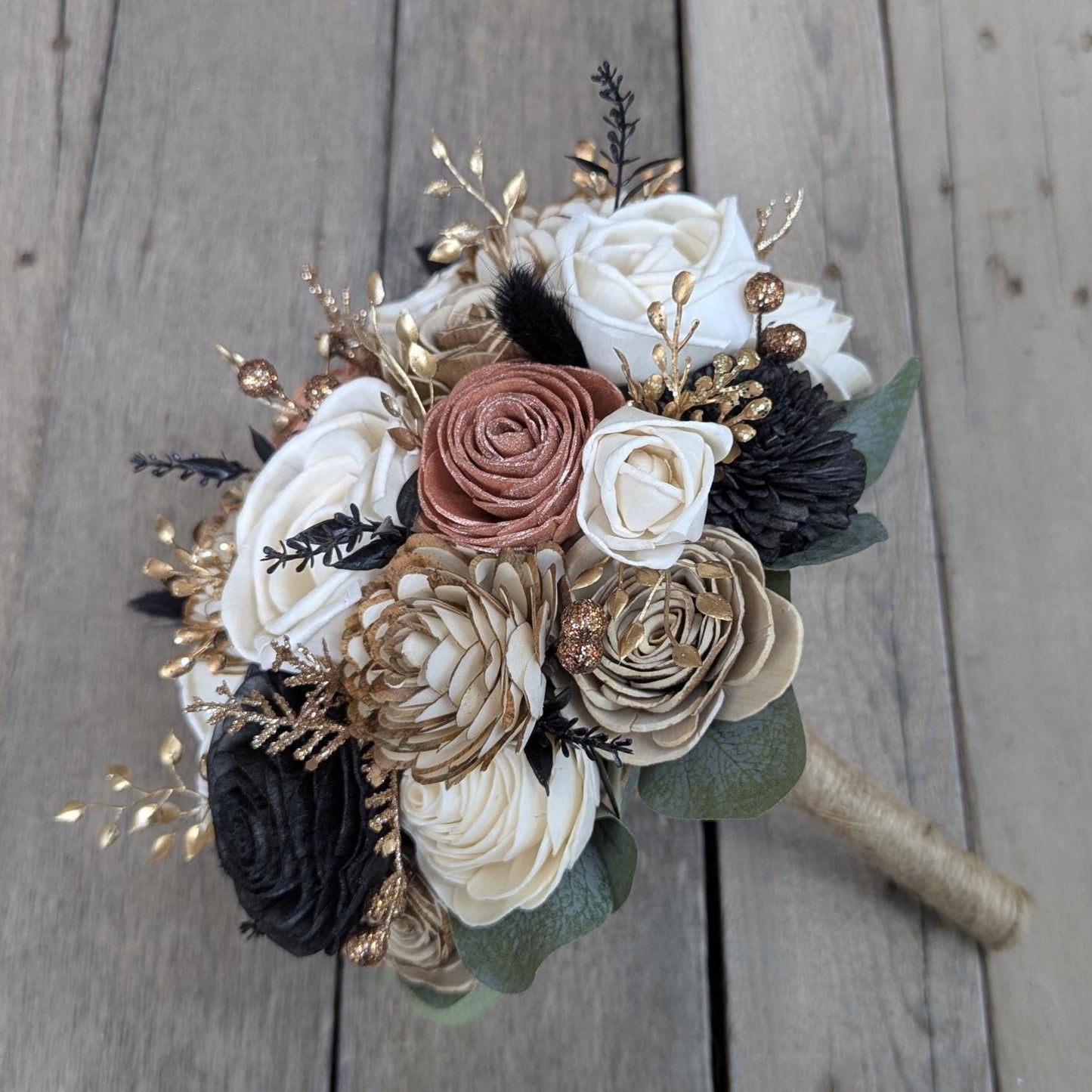 Rose Gold and Black Wedding Bouquet, Wood Flower Bouquet, New Years Wedding Flowers, Glitter Bouquet, Sola Wood Flowers Bridal Bouquet