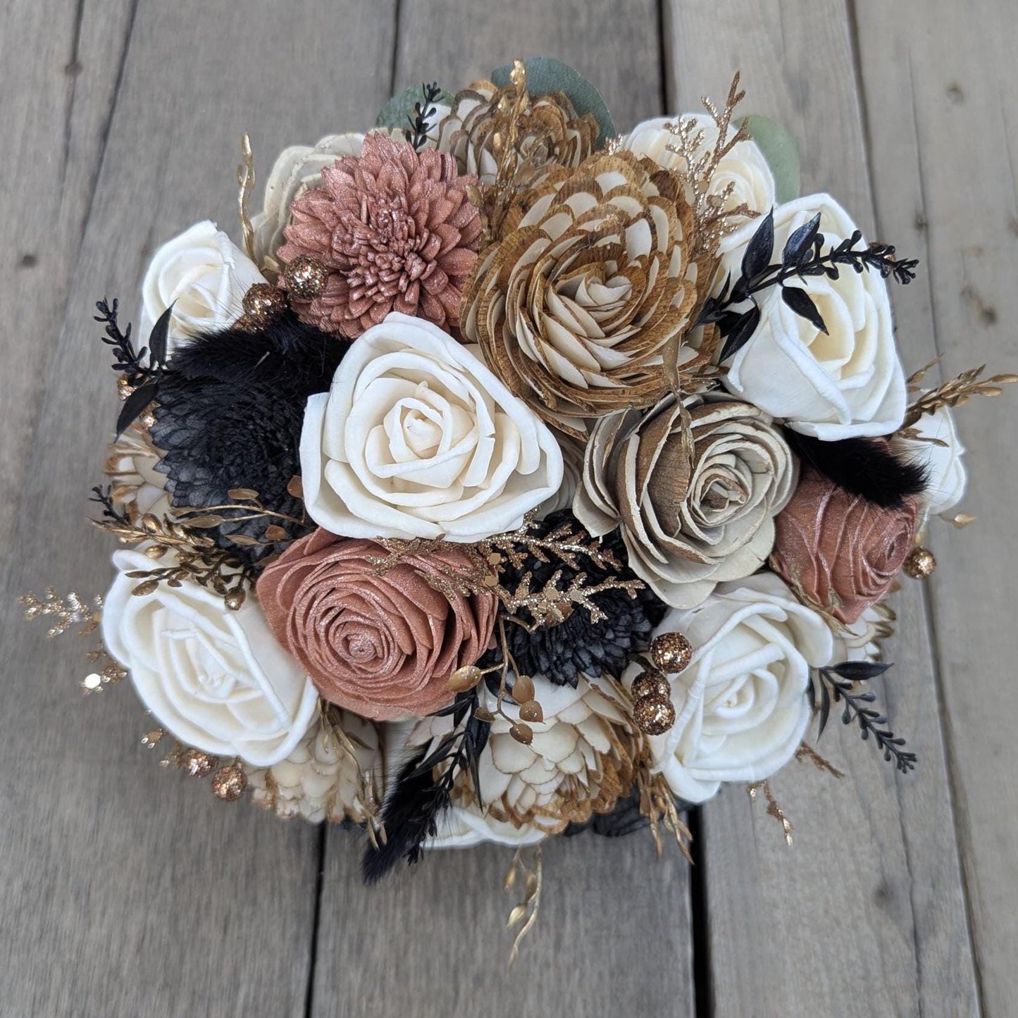 Rose Gold and Black Wedding Bouquet, Wood Flower Bouquet, New Years Wedding Flowers, Glitter Bouquet, Sola Wood Flowers Bridal Bouquet