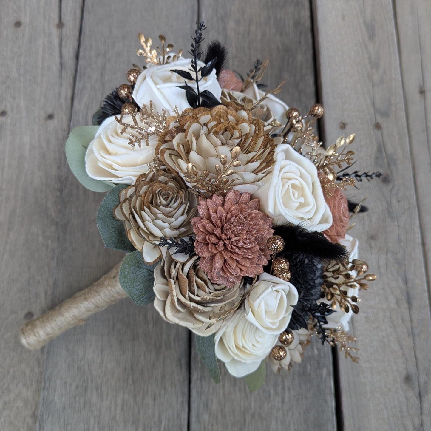 Rose Gold and Black Wedding Bouquet, Wood Flower Bouquet, New Years Wedding Flowers, Glitter Bouquet, Sola Wood Flowers Bridal Bouquet